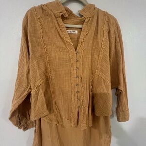 We The Free Brown Button Down Blouse with Bib Collar